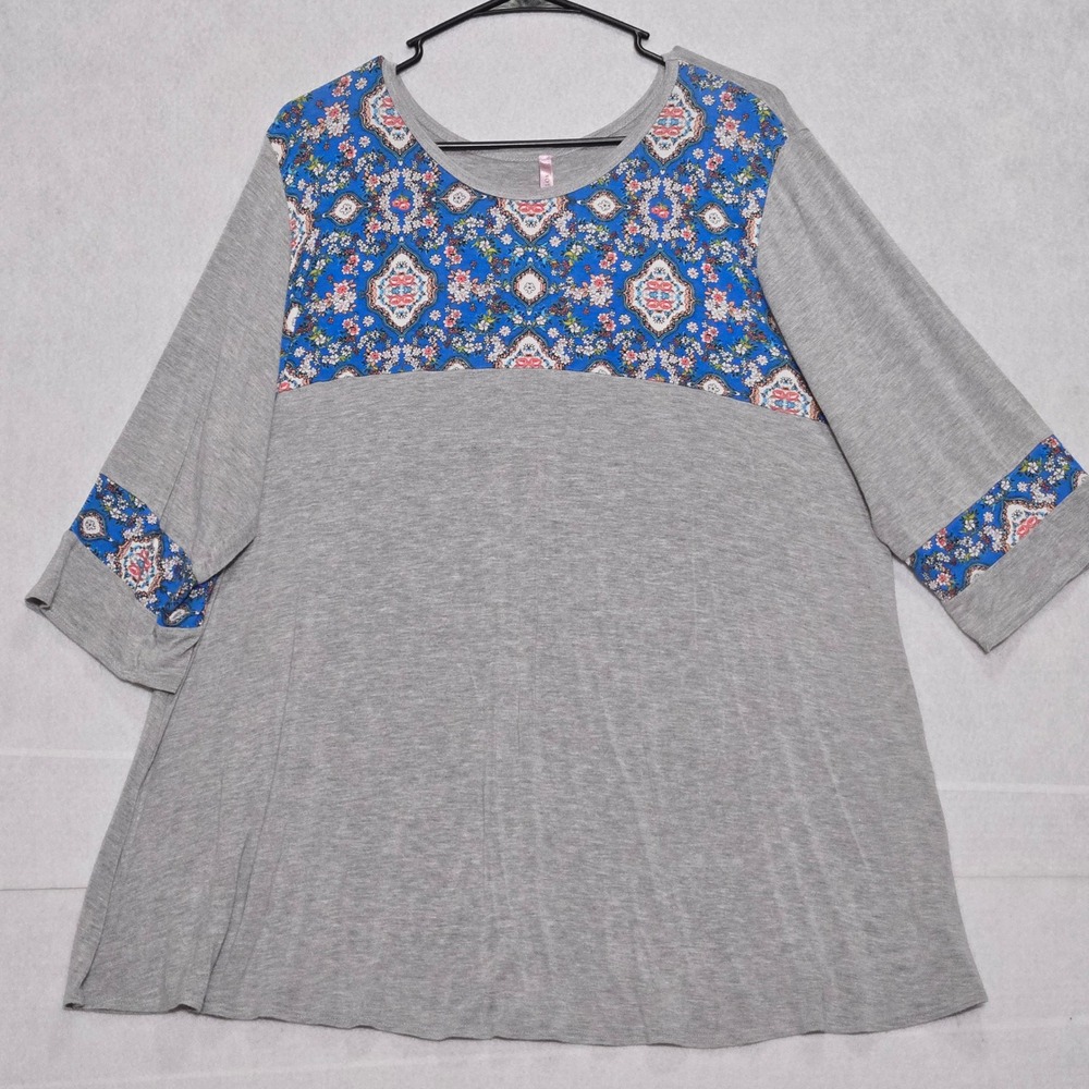 COOL MELON Womens 3XL Gray Floral Print 3/4 Sleeve Tunic Top Blouse Made USA‎